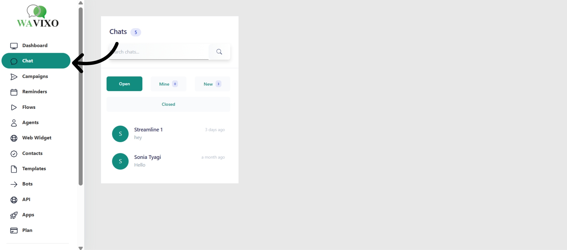 Open chats panel in Wavixo
